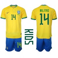 Echipament fotbal Brazilia Eder Militao #14 Tricou Acasa Mondial 2022 pentru copii maneca scurta (+ Pantaloni scurti)